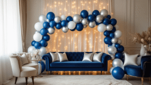 Elegant living room decorated with navy blue, silver, and white balloon garland, warm golden hour light streaming through sheer curtains, and cozy decor featuring plush velvet seating, silk table runners, and fairy lights.