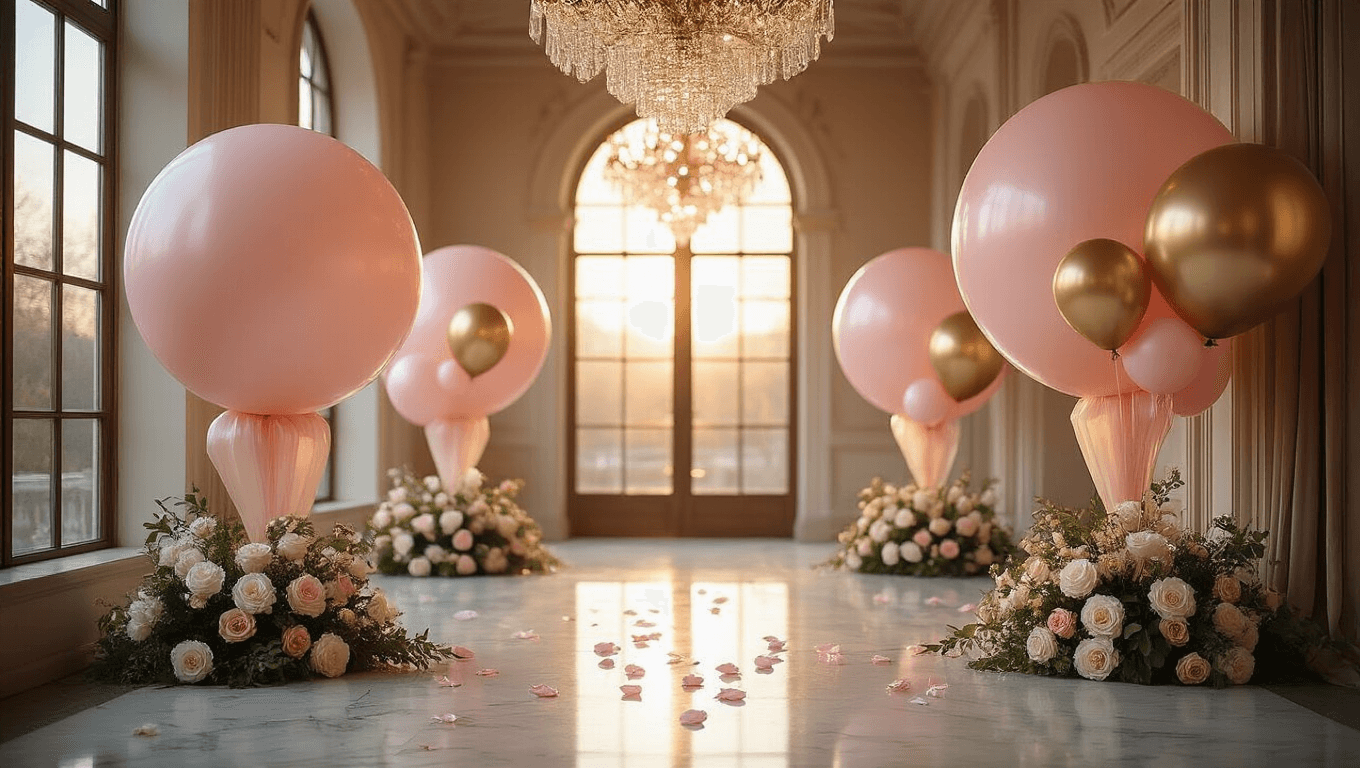 A cinematic wide-angle view of an elegant event space with oversized blush pink and metallic gold balloons of various sizes, dramatic golden hour lighting, cascading silk balloon ribbons on polished marble floors, crystal chandeliers, fresh white roses and eucalyptus garlands, scattered rose petals, and twinkling LED lights in clear bubble balloons, creating an inviting and luxurious atmosphere.