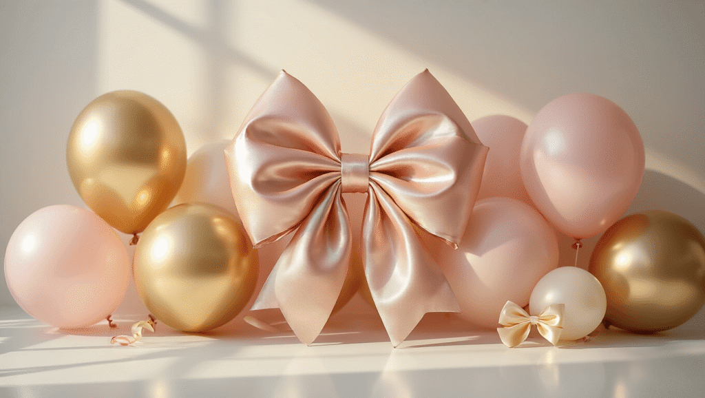 Cinematic close-up of elegant soft pink and gold bow balloon arrangement on a clean white surface, featuring glossy latex balloons with satin bows, warm golden hour light casting delicate shadows, and a soft focus background, creating a sophisticated party styling aesthetic.