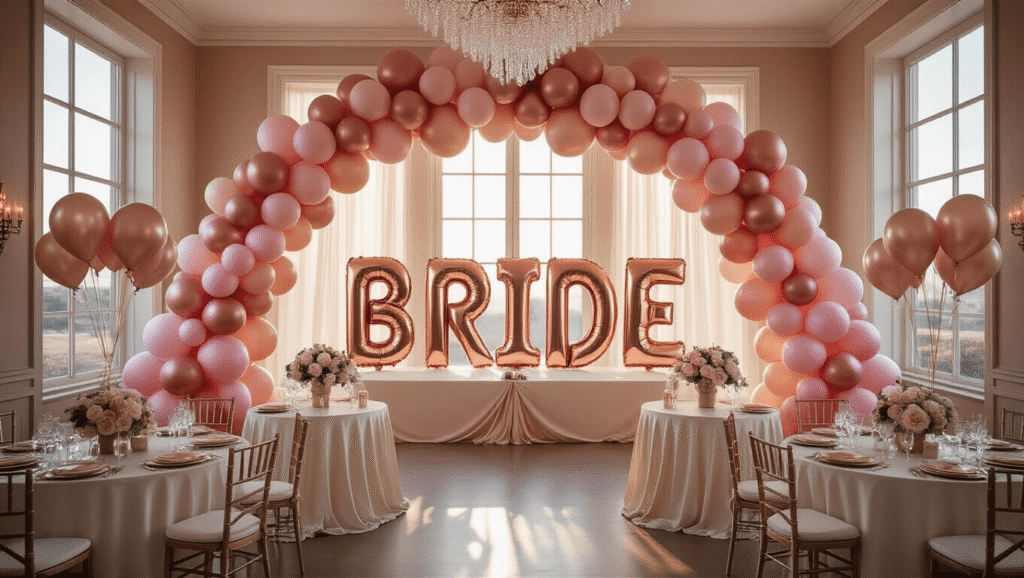 Photorealistic view of an elegant bridal shower in a ballroom, featuring a rose gold and blush pink balloon arch, organic garlands on buffet tables, giant "BRIDE" letter balloons, luxurious centerpieces, and warm ambient lighting during golden hour.
