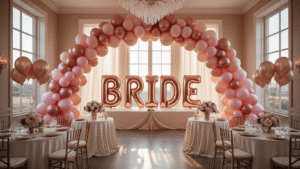 Photorealistic view of an elegant bridal shower in a ballroom, featuring a rose gold and blush pink balloon arch, organic garlands on buffet tables, giant "BRIDE" letter balloons, luxurious centerpieces, and warm ambient lighting during golden hour.