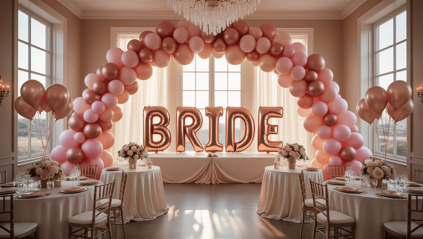 Photorealistic view of an elegant bridal shower in a ballroom, featuring a rose gold and blush pink balloon arch, organic garlands on buffet tables, giant "BRIDE" letter balloons, luxurious centerpieces, and warm ambient lighting during golden hour.