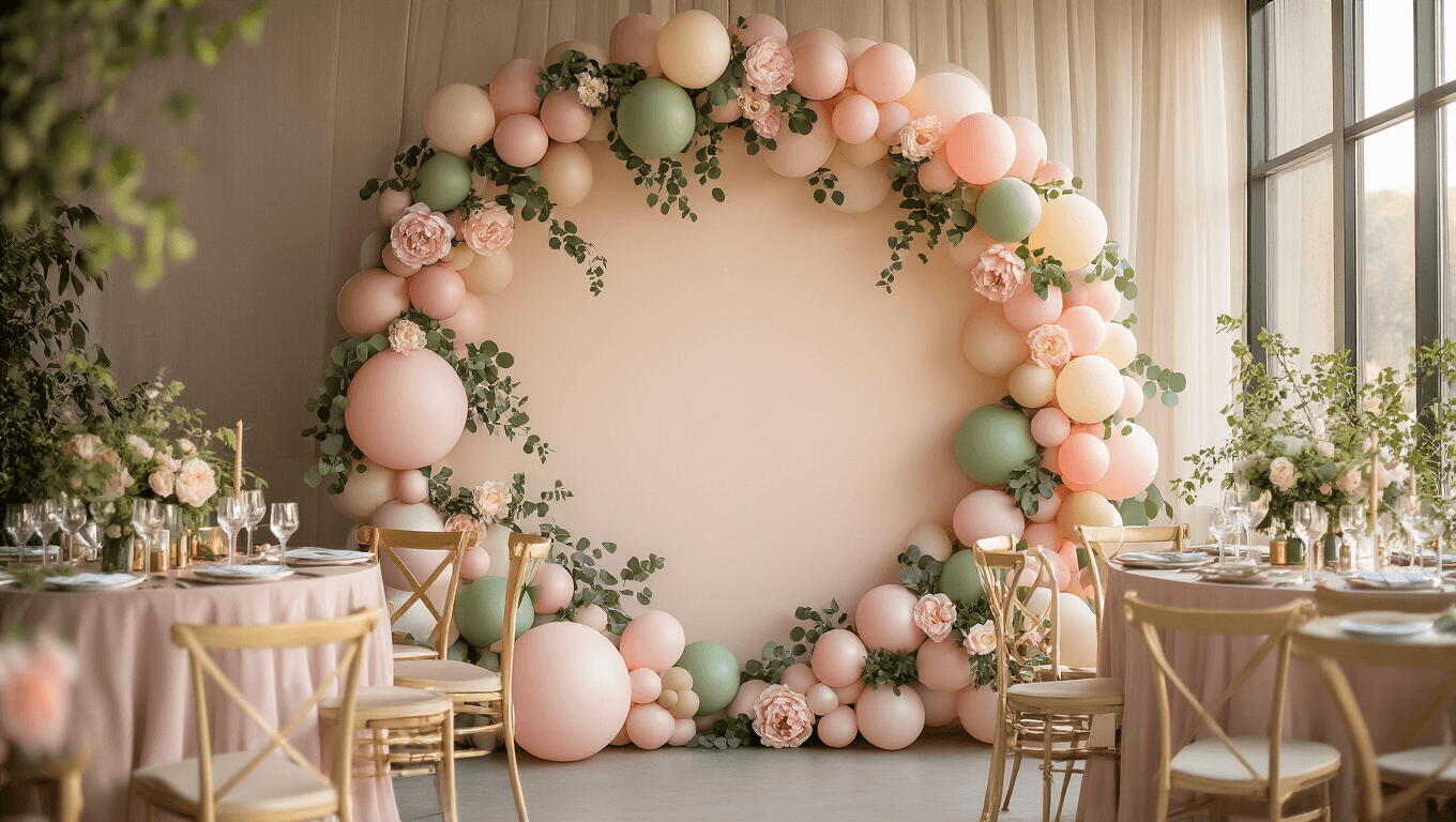 Elegant circular balloon backdrop installation in blush pink, sage green, and cream tones, featuring faux peonies and eucalyptus, illuminated in golden hour lighting with softly blurred party tables in the background.