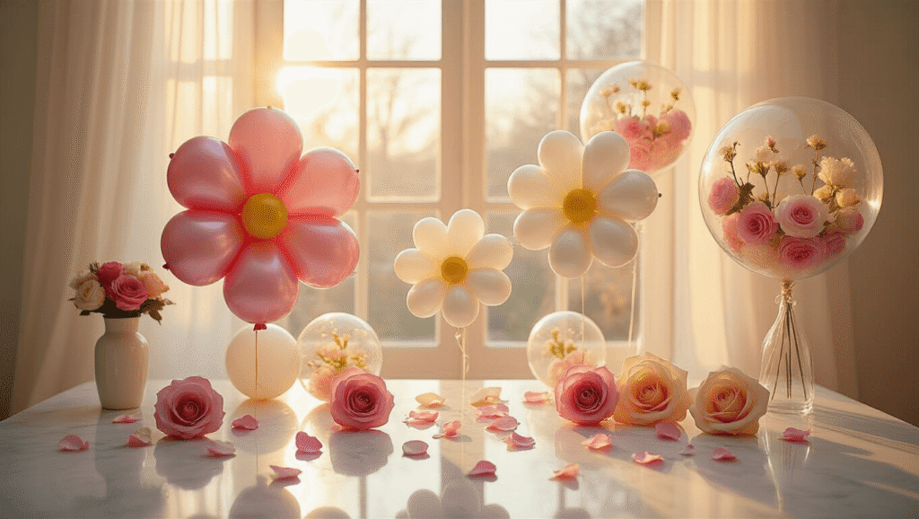 Elegant party setup featuring large foil flower balloons in soft pink and white with yellow centers, hand-twisted balloon roses, and clear balloons with faux florals, all bathed in warm golden hour lighting against a white backdrop.