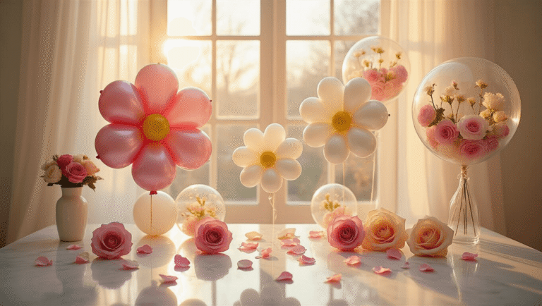 Elegant party setup featuring large foil flower balloons in soft pink and white with yellow centers, hand-twisted balloon roses, and clear balloons with faux florals, all bathed in warm golden hour lighting against a white backdrop.