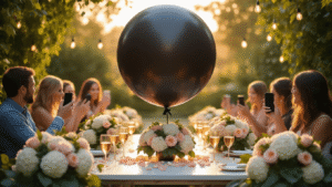 A cinematic outdoor garden party at golden hour, featuring a large matte black balloon centerpiece on a white table with gold accents, surrounded by hydrangeas and roses; guests eagerly hold phones as soft sunlight filters through string lights.
