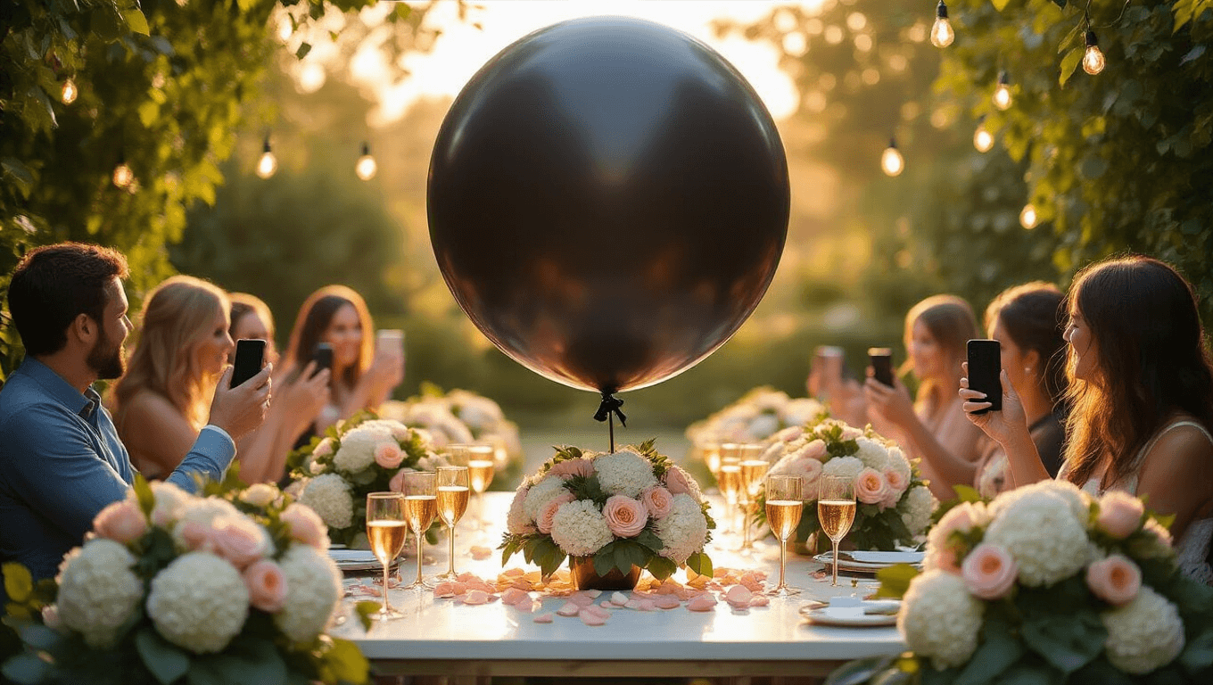 A cinematic outdoor garden party at golden hour, featuring a large matte black balloon centerpiece on a white table with gold accents, surrounded by hydrangeas and roses; guests eagerly hold phones as soft sunlight filters through string lights.