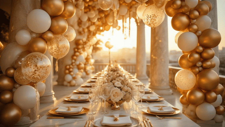 Elegant party space adorned with cascading gold balloon garlands and metallic clusters, bathed in warm golden hour light, featuring marble columns, ivory silk table linens, and shimmering crystal glassware, creating an inviting and sophisticated atmosphere.