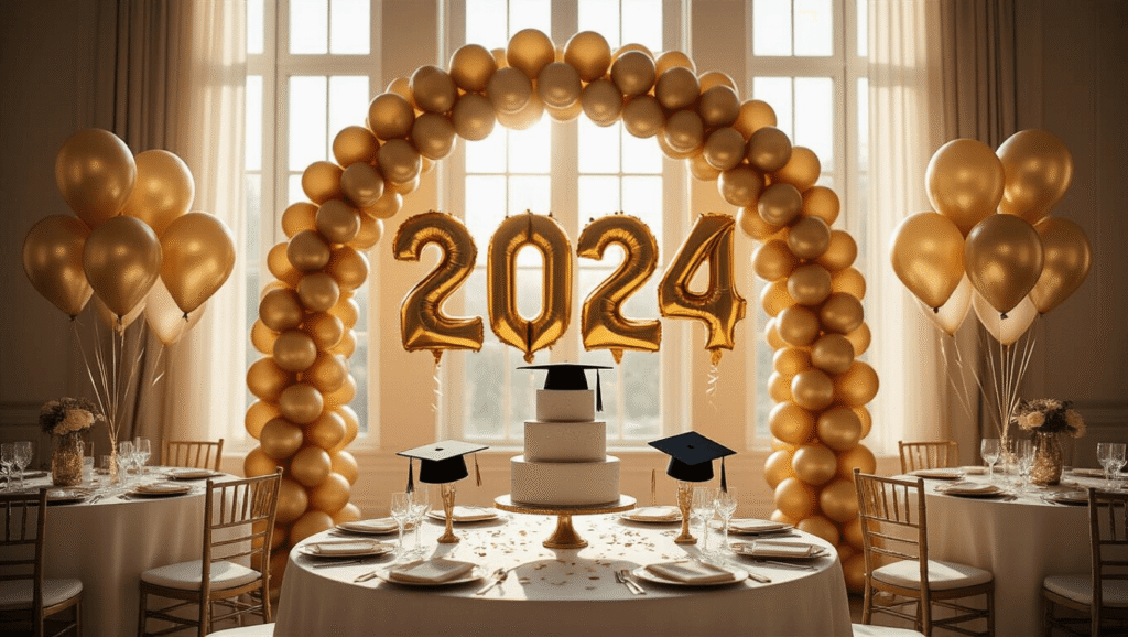 Cinematic wide shot of an elegant ballroom decorated for a graduation celebration, featuring a golden foil balloon arch, ivory silk-draped tables, metallic graduation cap centerpieces, and a tiered cake, all illuminated by warm sunlight.