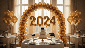 Graduation Balloons: Your Complete Guide to Celebrating This Massive Achievement Cinematic wide shot of an elegant ballroom decorated for a graduation celebration, featuring a golden foil balloon arch, ivory silk-draped tables, metallic graduation cap centerpieces, and a tiered cake, all illuminated by warm sunlight.