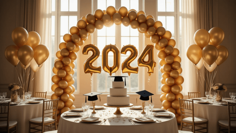 Cinematic wide shot of an elegant ballroom decorated for a graduation celebration, featuring a golden foil balloon arch, ivory silk-draped tables, metallic graduation cap centerpieces, and a tiered cake, all illuminated by warm sunlight.