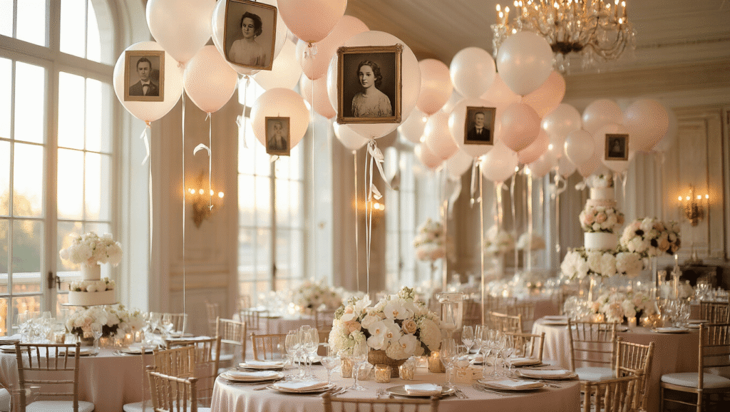 Cinematic wide shot of an elegant indoor party with floating photo balloons featuring vintage family portraits, warm golden hour lighting, blush pink silk table linens, and guests in formal attire admiring the decorations, creating a nostalgic and luxurious atmosphere.