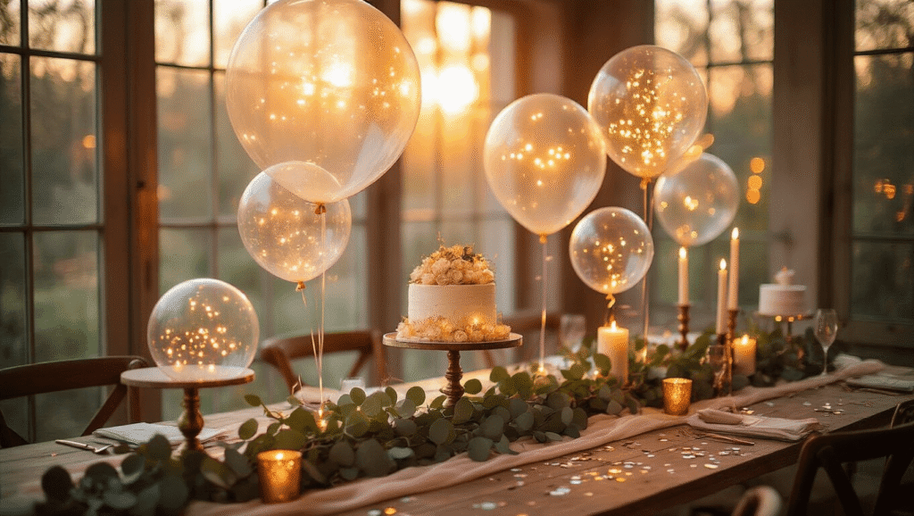 A beautifully styled evening party setup featuring glowing LED balloons, rustic wooden tables adorned with silk runners and eucalyptus garlands, warm golden hour lighting, and a soft bokeh background, creating an intimate and luxurious atmosphere.