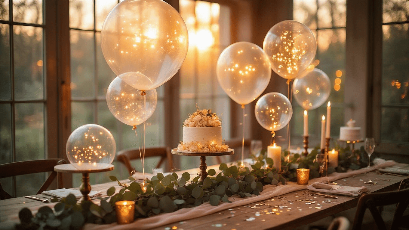 A beautifully styled evening party setup featuring glowing LED balloons, rustic wooden tables adorned with silk runners and eucalyptus garlands, warm golden hour lighting, and a soft bokeh background, creating an intimate and luxurious atmosphere.