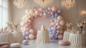 Birthday Balloons Aesthetic: How I Learned to Stop Settling for Boring Party Decor Cinematic wide-angle shot of an elegant indoor birthday celebration with pastel balloon wall installation, crystal chandeliers, ivory tables, and cozy lighting, creating an intimate and inviting atmosphere.