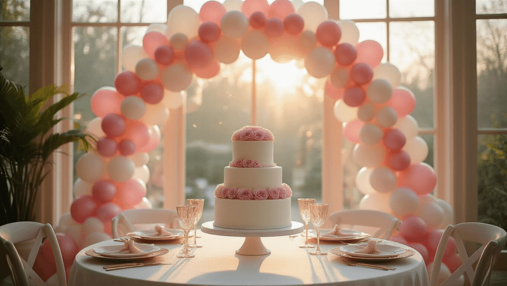 Elegant indoor birthday celebration featuring a 12-foot pink and white balloon garland arch, a three-tiered white cake with pink roses, and warm ambient lighting creating a festive atmosphere.