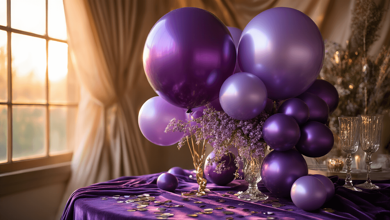 Cinematic close-up of an elegant purple balloon arrangement with deep plum latex, metallic violet foil, and lavender chrome balloons of various sizes, complemented by a rich velvet table runner, metallic confetti, and a textured silk backdrop, all illuminated by warm golden hour lighting.