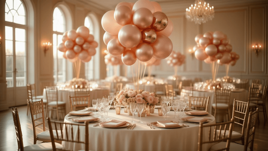 Cinematic wide shot of a luxurious ballroom adorned with rose gold and blush pink balloon clusters, crystal glassware, and velvet chairs, bathed in warm golden hour light, creating an inviting and elegant atmosphere.