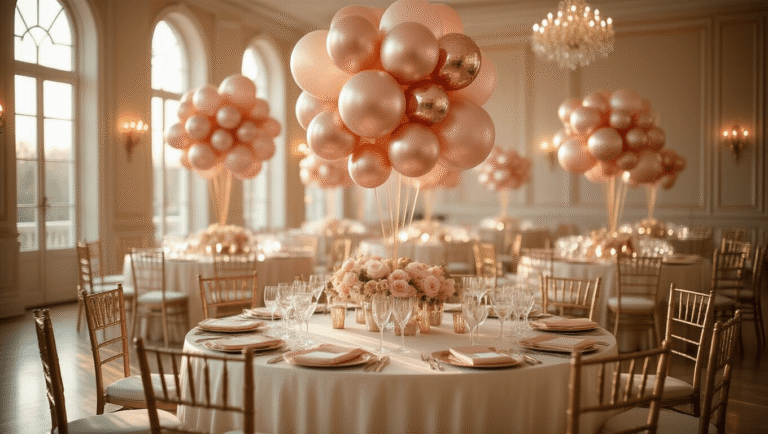 Cinematic wide shot of a luxurious ballroom adorned with rose gold and blush pink balloon clusters, crystal glassware, and velvet chairs, bathed in warm golden hour light, creating an inviting and elegant atmosphere.