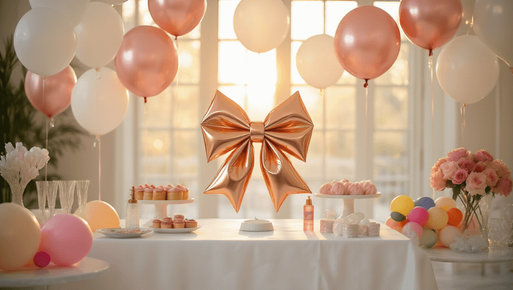 Elegant party setup with oversized rose gold and white foil bow balloons above a modern white dessert table, bathed in soft golden hour light, featuring a giant metallic bow balloon centerpiece, scattered pink latex balloons, and a pristine white tablecloth, creating an inviting ambiance.