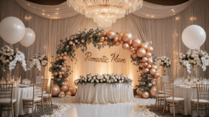 Cinematic wide shot of an elegant wedding venue with sophisticated rose gold and champagne metallic balloon decor, organic garlands, dramatic uplighting, luxurious draping, crystal chandeliers, and textured letter balloons spelling romantic messages, creating a romantic atmosphere with ivory linens and scattered white orchid petals.