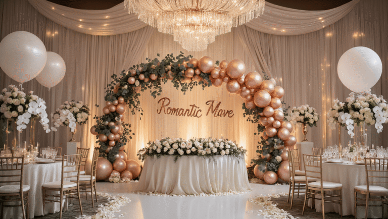 Cinematic wide shot of an elegant wedding venue with sophisticated rose gold and champagne metallic balloon decor, organic garlands, dramatic uplighting, luxurious draping, crystal chandeliers, and textured letter balloons spelling romantic messages, creating a romantic atmosphere with ivory linens and scattered white orchid petals.