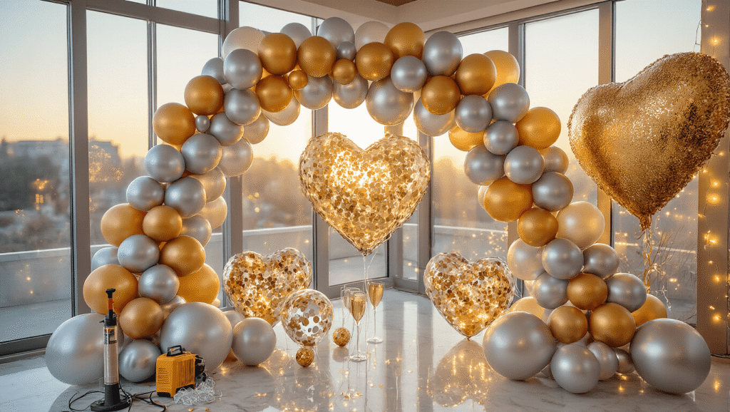 Cinematic wide-angle shot of an elegant party space adorned with a sophisticated silver and gold balloon arch, featuring a mix of sizes and LED light-up balloons, heart-shaped arrangements, and fairy lights, all set in warm golden hour lighting on a marble table.