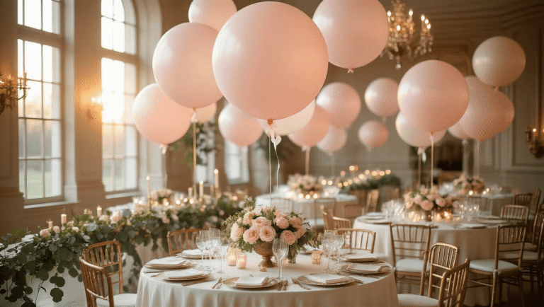 Luxurious ballroom at golden hour with oversized blush pink tulle balloons floating above elegantly set tables adorned with ivory silk linens, crystal glassware, eucalyptus garlands, and romantic candlelight, creating a dreamy celebration atmosphere.