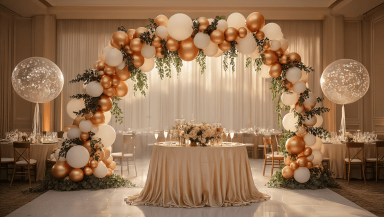 Cinematic wide shot of an elegant ballroom reception featuring a stunning asymmetrical balloon arch in champagne, white, and rose gold tones, adorned with eucalyptus garland, warm ambient lighting, and silk table linens, with floating clear confetti-filled centerpiece balloons and romantic shadows on polished floors.