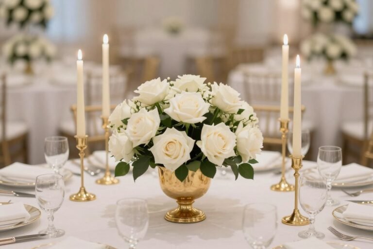 elegant wedding centerpieces with white roses and gold candle holders on luxury reception table