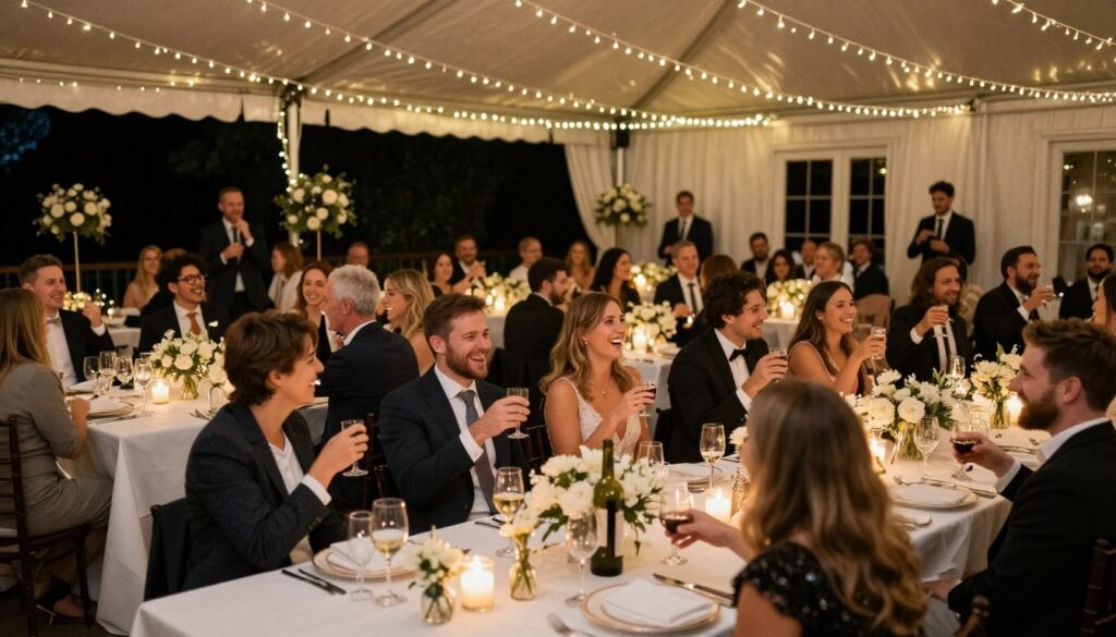 elegant wedding reception with beautiful centerpieces and happy guests