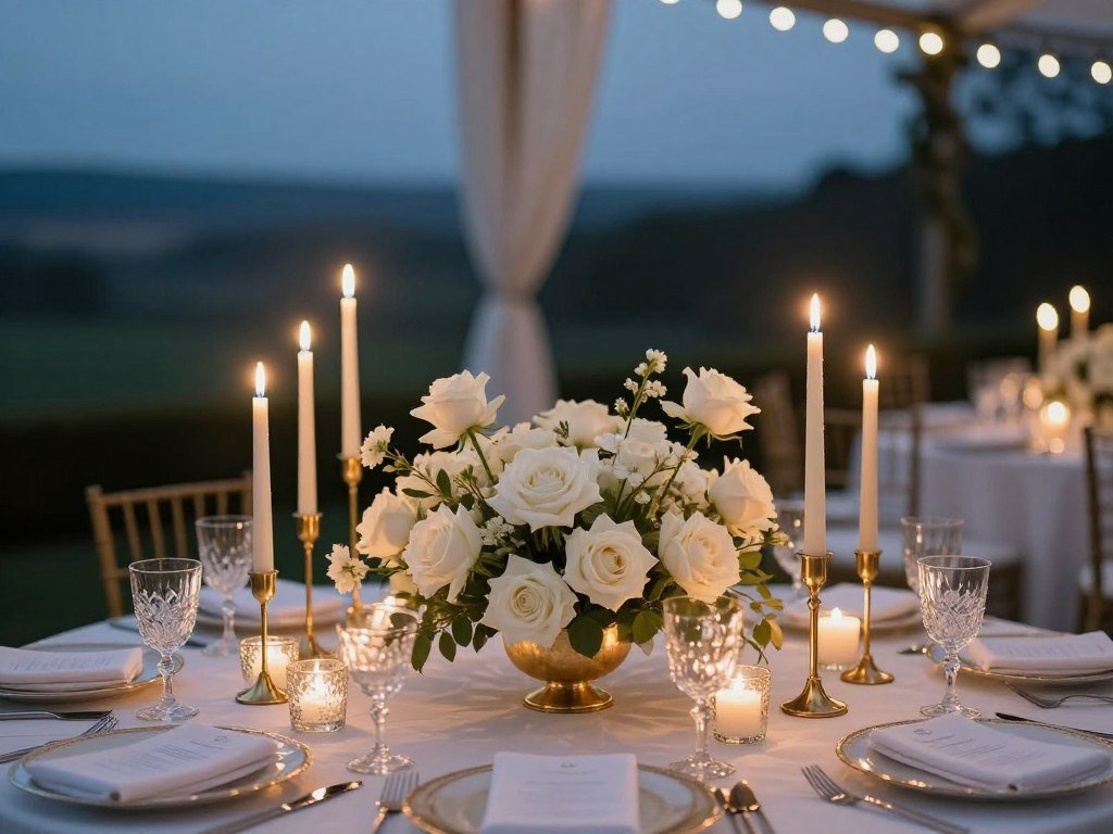 elegant wedding table with candles and floral centerpiece at dusk