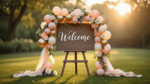 Elegant welcome sign on wooden easel with personalized calligraphy, adorned with a cascading balloon garland in soft blush pink, champagne gold, and ivory, accented with eucalyptus and white garden roses, set on a manicured lawn during golden hour, with warm ambient lighting, bokeh background, silk ribbons flowing gently, and dewdrops on grass, creating a romantic atmosphere with twinkling fairy lights.