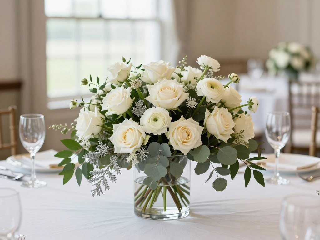 elegant white and green wedding centerpiece with roses and eucalyptus