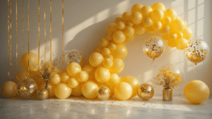Cinematic wide shot of elegant yellow balloon arrangements in soft golden hour lighting, featuring layered arches of matte and metallic balloons, confetti-filled transparent balloons, ribbon streamers, and crystal weights on marble surfaces, set against a clean white backdrop.