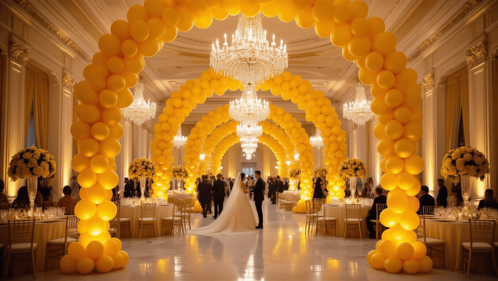 Cinematic wide-angle view of an elegant ballroom adorned with yellow balloon arrangements, crystal chandeliers, and floral centerpieces, bathed in warm golden hour light, creating a luxurious celebratory atmosphere.