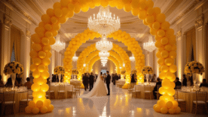 Cinematic wide-angle view of an elegant ballroom adorned with yellow balloon arrangements, crystal chandeliers, and floral centerpieces, bathed in warm golden hour light, creating a luxurious celebratory atmosphere.