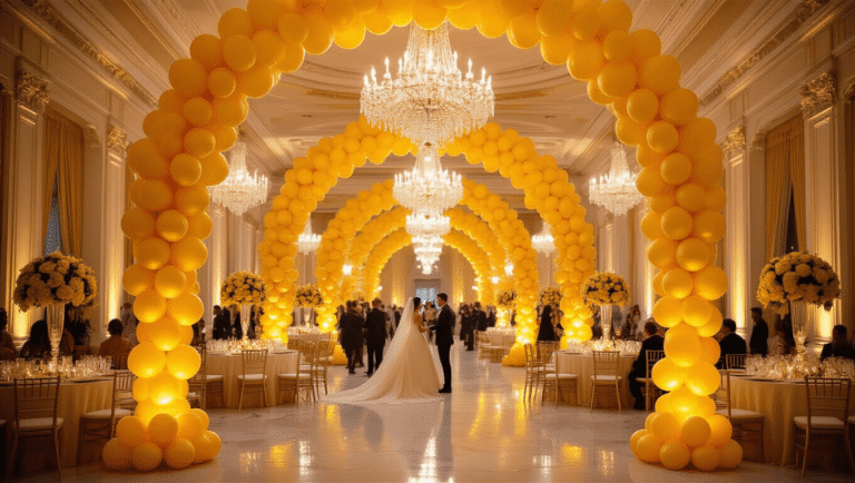 Cinematic wide-angle view of an elegant ballroom adorned with yellow balloon arrangements, crystal chandeliers, and floral centerpieces, bathed in warm golden hour light, creating a luxurious celebratory atmosphere.