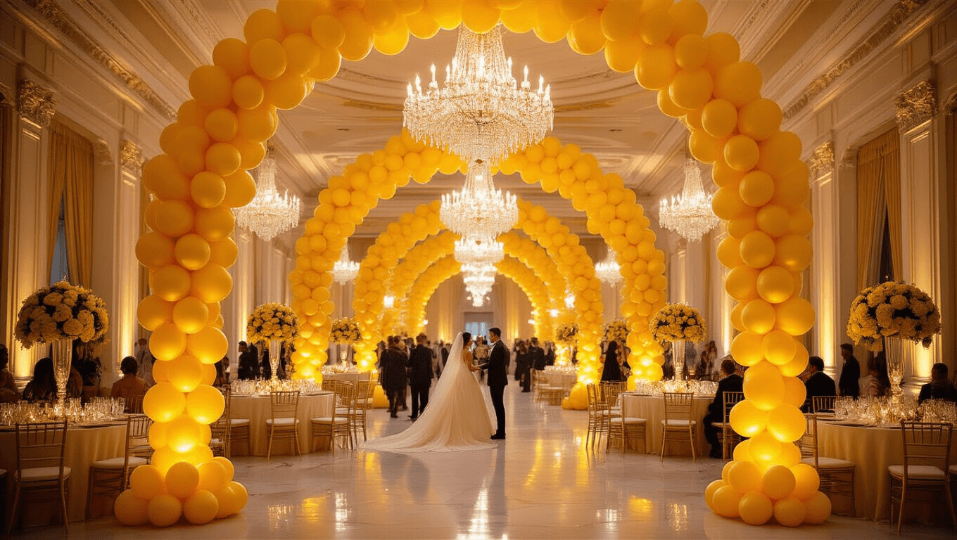 Cinematic wide-angle view of an elegant ballroom adorned with yellow balloon arrangements, crystal chandeliers, and floral centerpieces, bathed in warm golden hour light, creating a luxurious celebratory atmosphere.