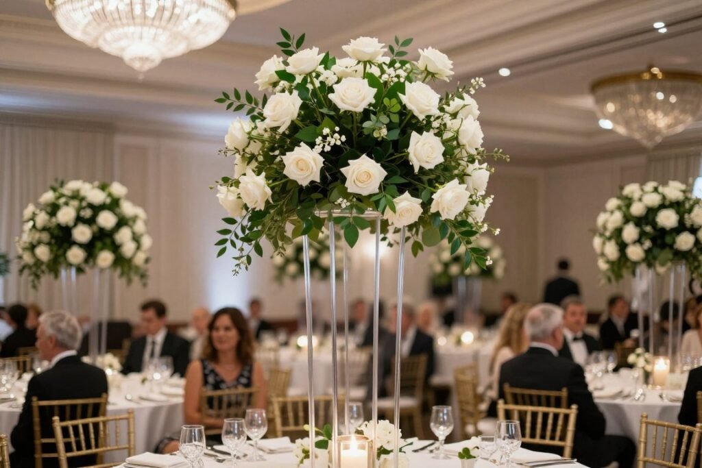 elevated wedding centerpiece on clear acrylic stand