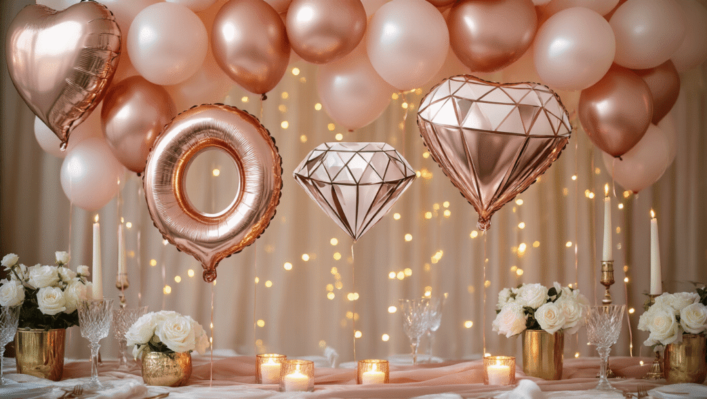 Cinematic close-up of an elegant engagement balloon display with rose gold diamond ring balloons, layered heart balloons, and a cascading garland in blush pink and champagne, surrounded by crystal glassware, white roses, and soft candlelight in a romantic ballroom setting.