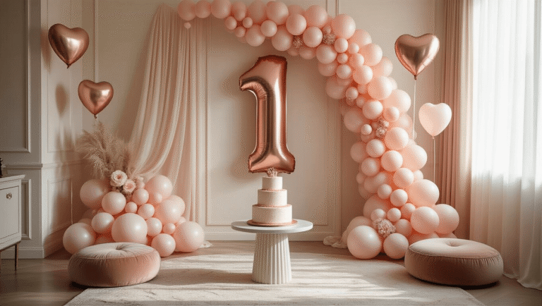 Cinematic wide shot of a first birthday celebration in an elegant living room, featuring a blush pink and cream balloon garland, oversized rose gold number '1' balloon, plush velvet floor cushions, a tiered vanilla birthday cake, silk ribbons, tulle backdrop panels, and floating heart-shaped balloons, all illuminated by soft morning light for a cozy atmosphere.