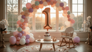 An elegant first birthday celebration setup featuring a large rose gold number 1 balloon, pastel balloon garland, confetti-filled balloons, a rustic high chair, a three-tier vanilla cake with berries, and warm ambient lighting, creating an inviting family atmosphere.