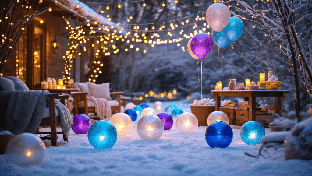 Cinematic winter garden party with glowing ice balloons in blues and purples, string lights, wooden furniture, hot chocolate stations, Disney Frozen character balloons, and soft golden hour lighting creating a cozy family atmosphere.