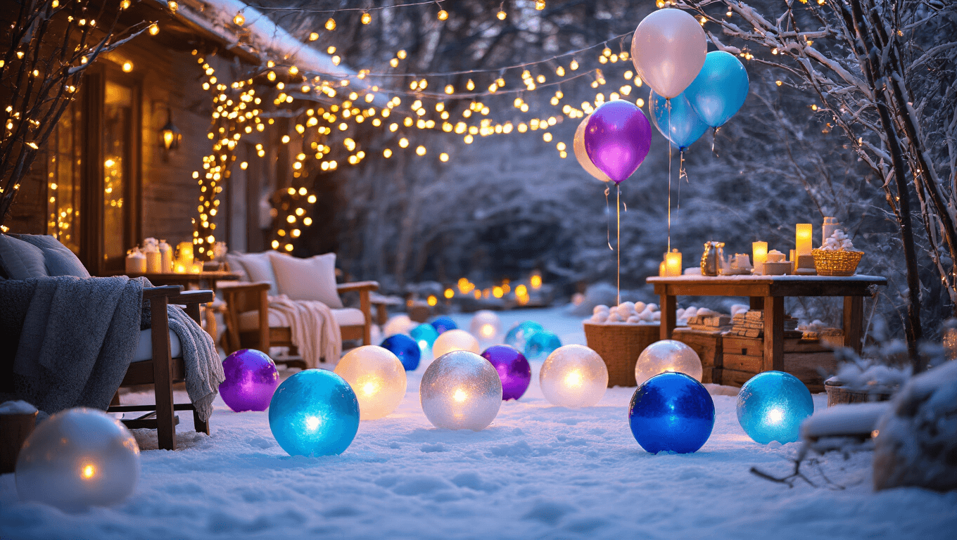 Cinematic winter garden party with glowing ice balloons in blues and purples, string lights, wooden furniture, hot chocolate stations, Disney Frozen character balloons, and soft golden hour lighting creating a cozy family atmosphere.