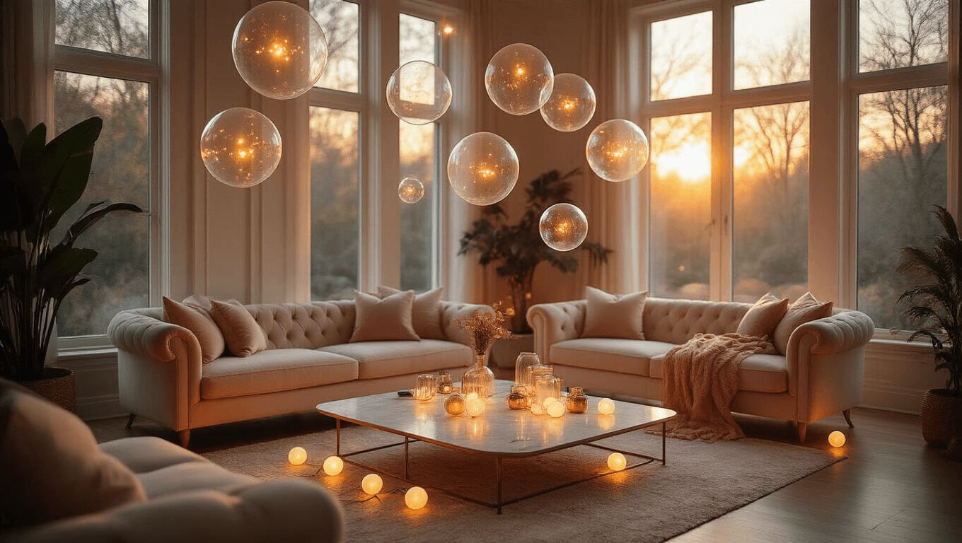 Cinematic overhead view of an elegant living room at golden hour, showcasing translucent bubble balloons with warm LED lights, plush velvet furniture in cream and blush tones, scattered LED fairy lights on a marble coffee table, and rich hardwood floors, all creating a magical floating ambiance illuminated by soft sunlight.