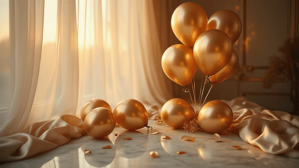 Cinematic close-up of luxurious gold balloons on a marble surface, warm golden hour lighting filtering through sheer curtains, with rose gold accents, elegant ribbons, and sophisticated party planning materials, creating an inviting atmosphere of rich golden tones.