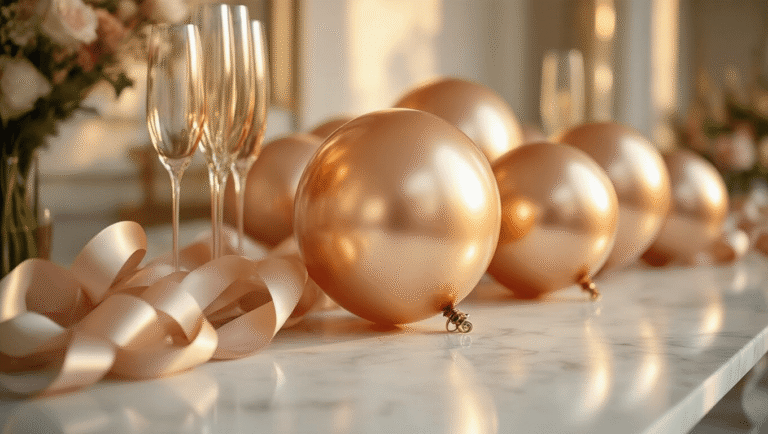 Cinematic close-up of luxurious gold and rose gold Mylar balloons on a white marble surface, adorned with decorative brass weights. Warm golden hour lighting accentuates the metallic shimmer, with a soft focus background featuring champagne flutes and silk ribbons.