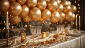 Cinematic close-up of luxurious golden balloon arrangement with metallic foil and confetti on an elegant party table, featuring ivory silk linens, brass candlesticks, and crystal champagne flutes, all under warm golden hour lighting.