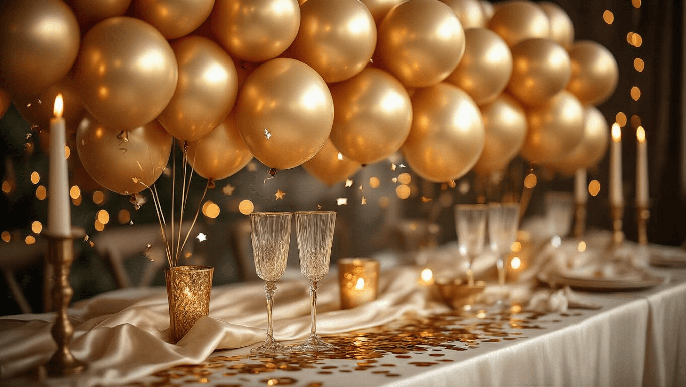 Cinematic close-up of luxurious golden balloon arrangement with metallic foil and confetti on an elegant party table, featuring ivory silk linens, brass candlesticks, and crystal champagne flutes, all under warm golden hour lighting.